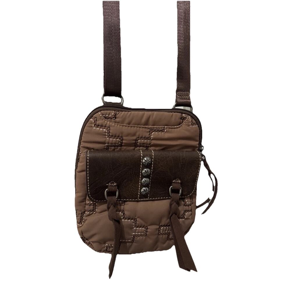 Justin Crossbody Parachute Aztec Embroidery Brown Handbag Purse Pockets 9”x8”x2”
